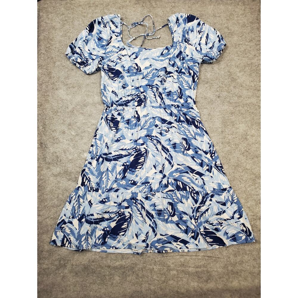 Chloe+Rene  Women's S Blue & White Tropical Print Linen Blend Short Sleeve Dress